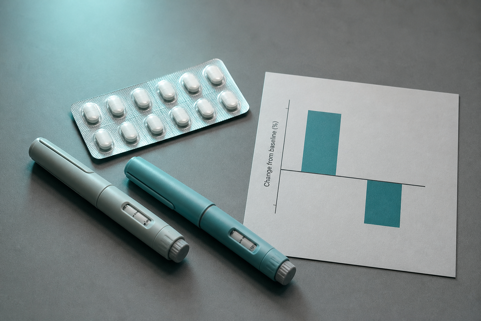 Two injector pens and an oral blister pack on a cool grey field beside a simple two-bar chart of Lilly revenue up and Novo guidance still negative