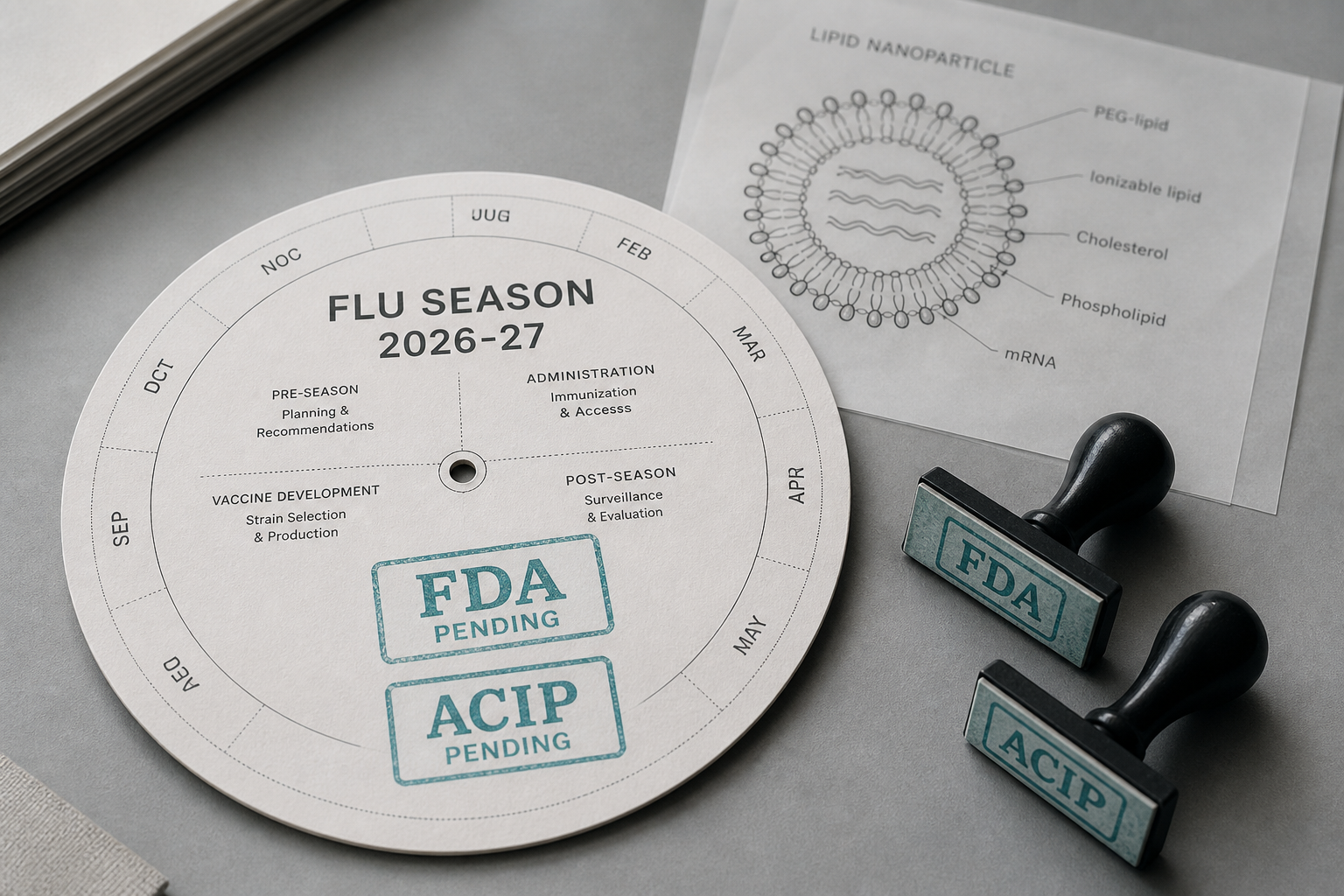 A circular 2026–27 flu-season calendar stamped FDA approved 5 August and ACIP pending, with an mRNA-lipid nanoparticle schematic behind it