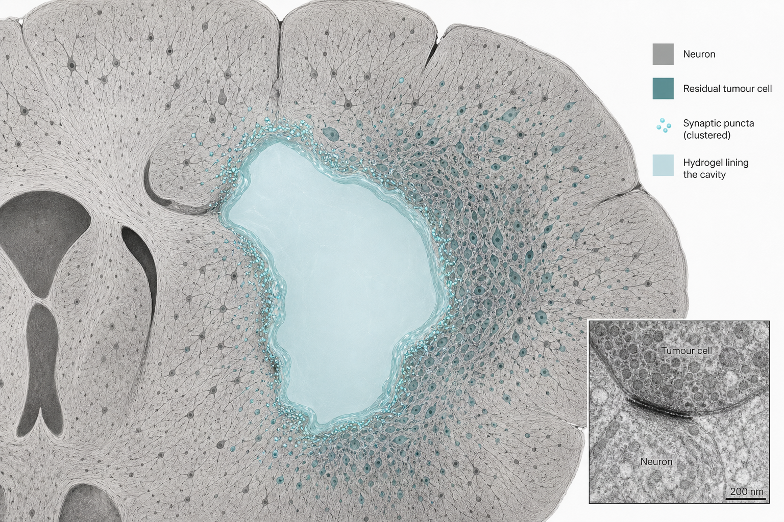 Coronal brain section at a resection cavity with neurons and residual tumour in contrasting colours, synaptic puncta on the cavity rim, and a hydrogel lining the void