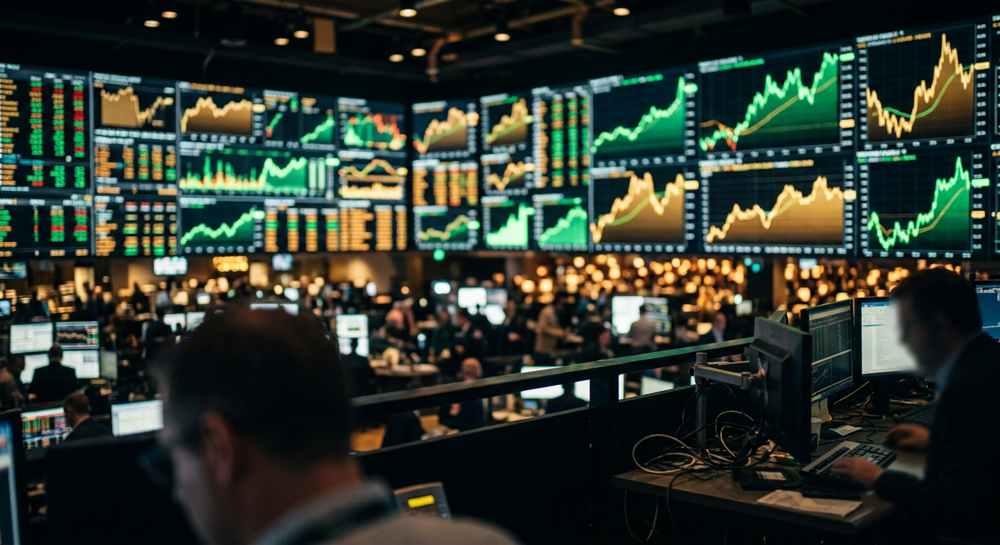 Financial stock market trading floor and healthcare index performance