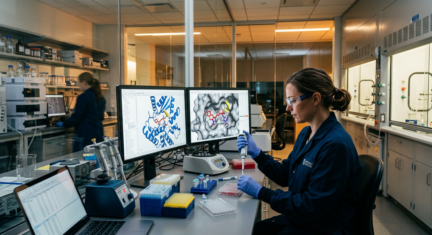 Molecular oncology laboratory visualization representing RAS protein targeted precision oncology discovery