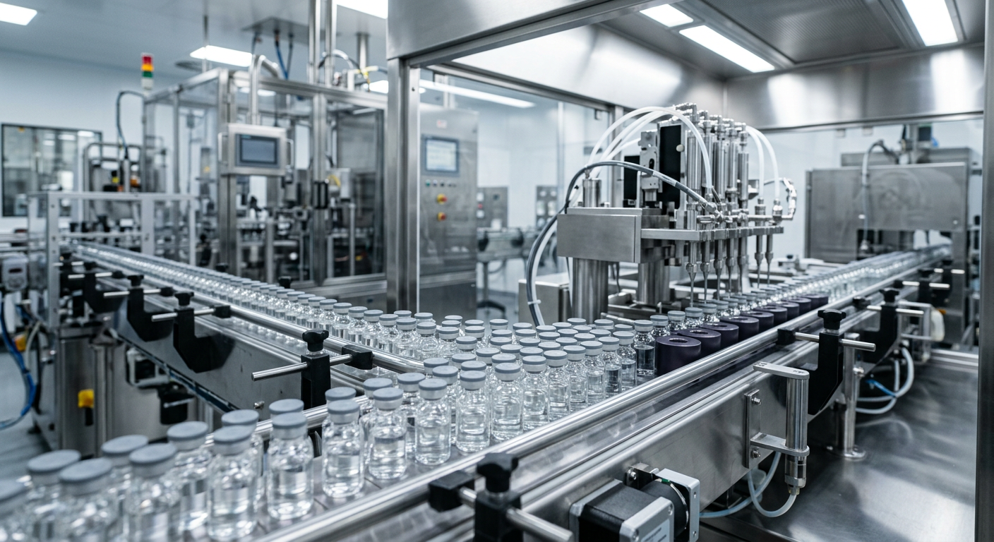 Sterile injectable pharmaceutical vials on automated manufacturing line