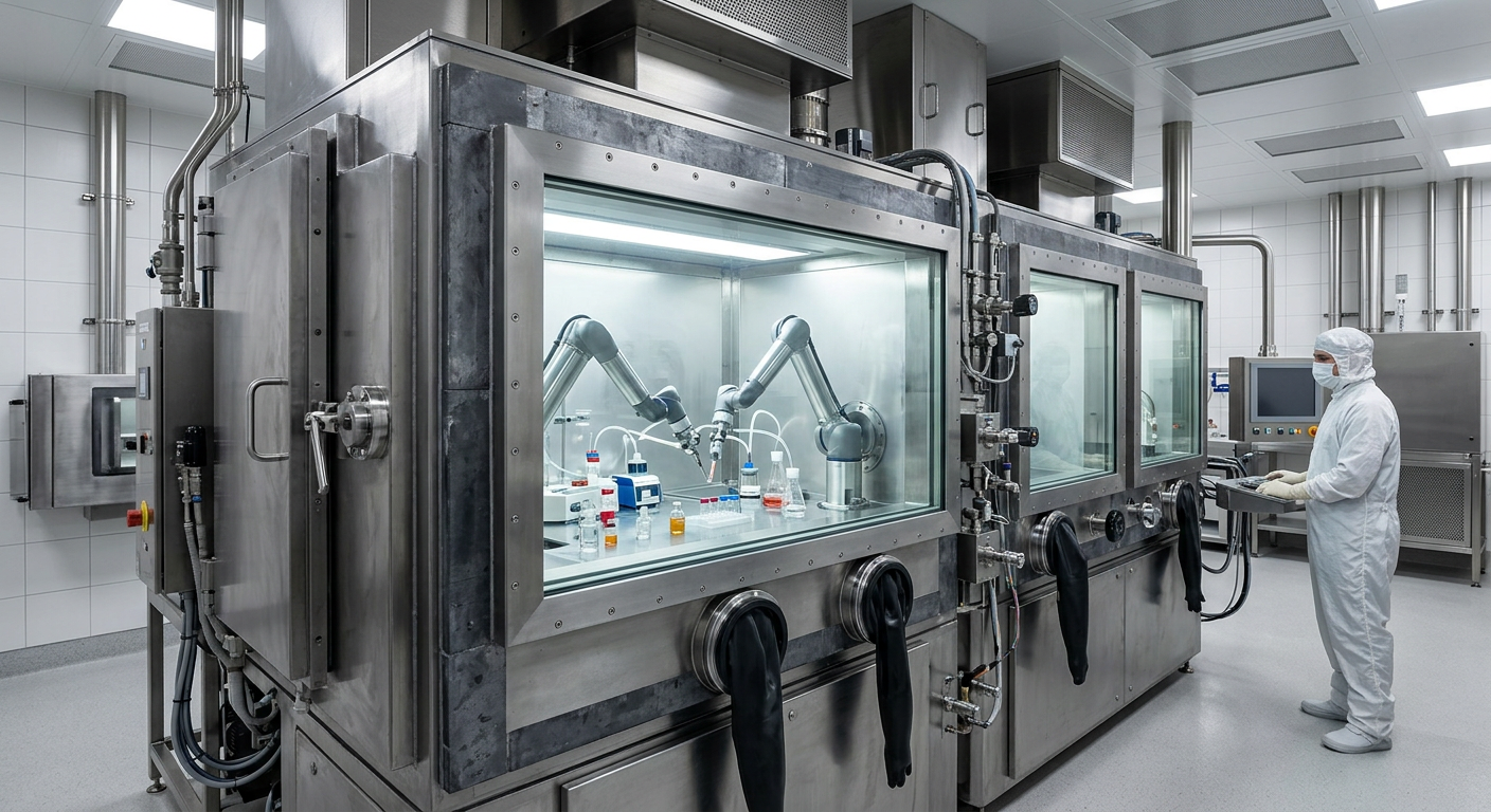 High-containment radiopharmaceutical manufacturing cleanroom and hot cell suite