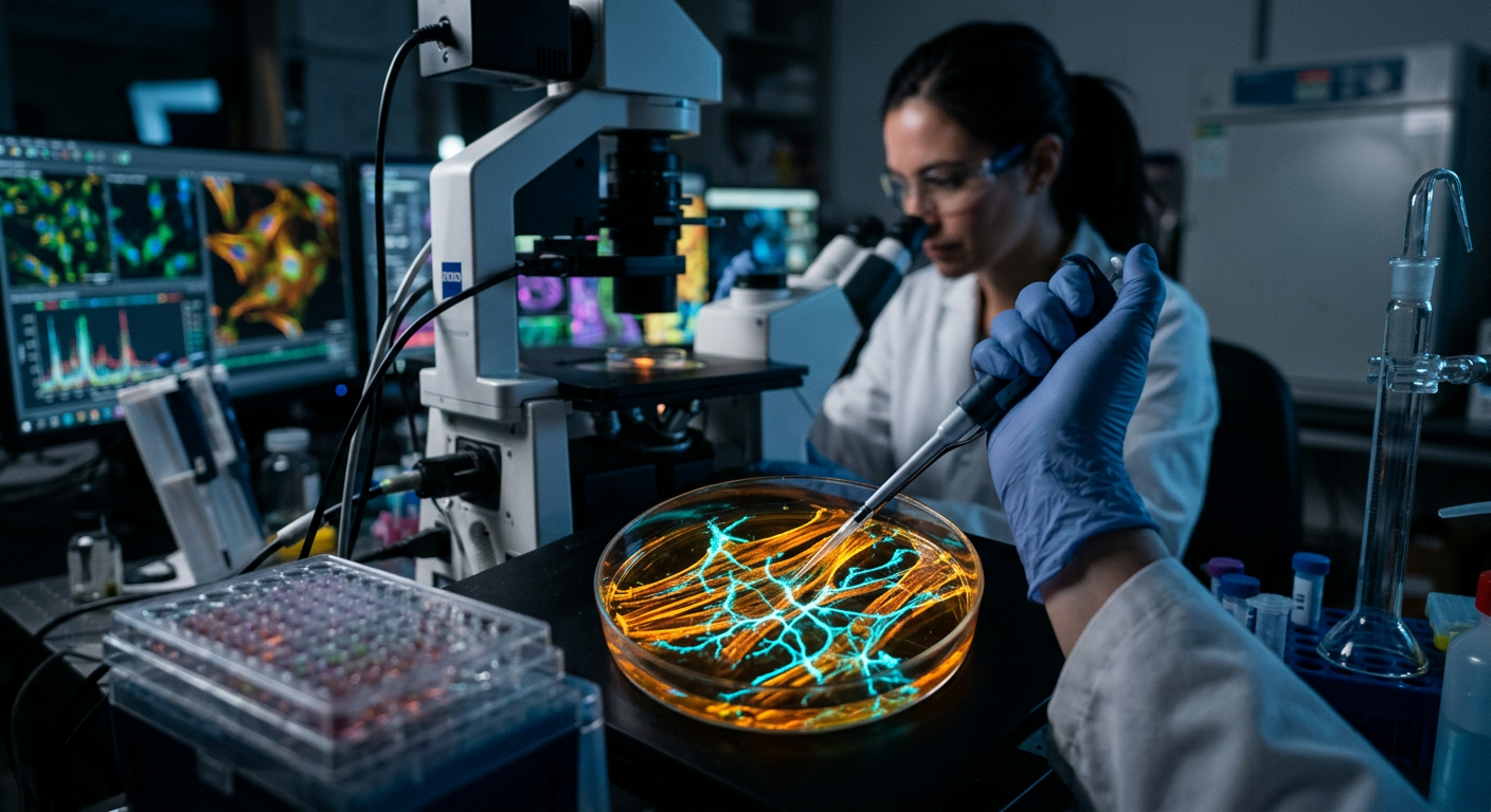 Cellular muscle fiber research and metabolic peptide signaling visualization