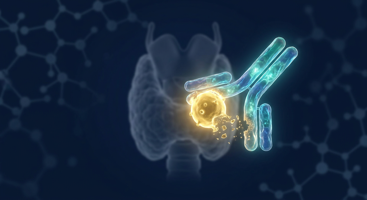 Antibody molecule binding a glowing pathogenic particle against a dark molecular backdrop