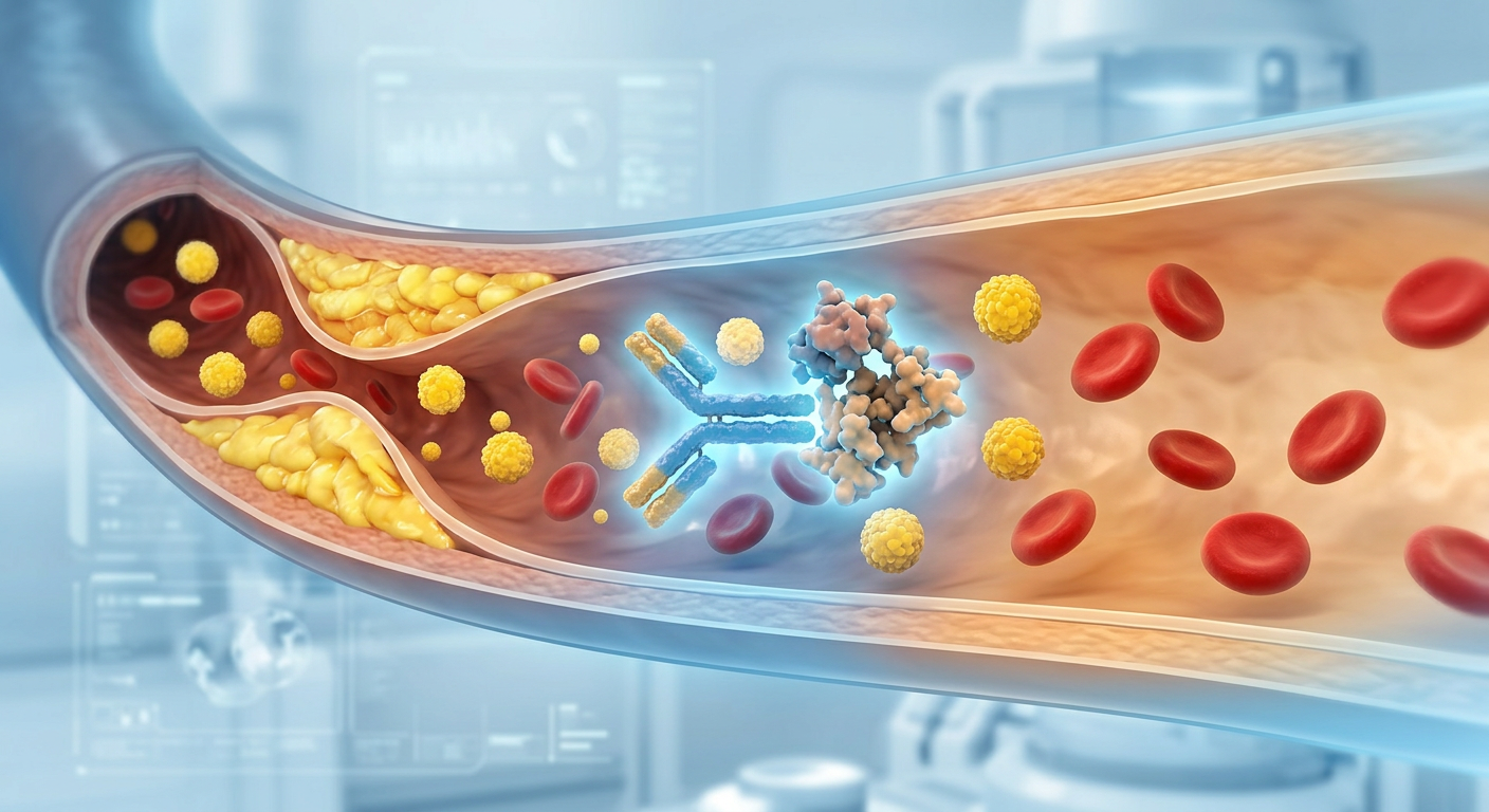 Abstract illustration of a PCSK9 inhibitor antibody and LDL cholesterol particles in a blood vessel, contrasting plaque buildup with a clear healthy artery