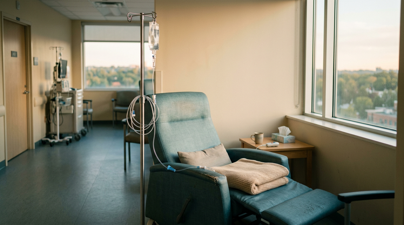 Empty infusion chair and IV line in a sunlit hospital suite, suggesting outpatient myeloma care without people or text.