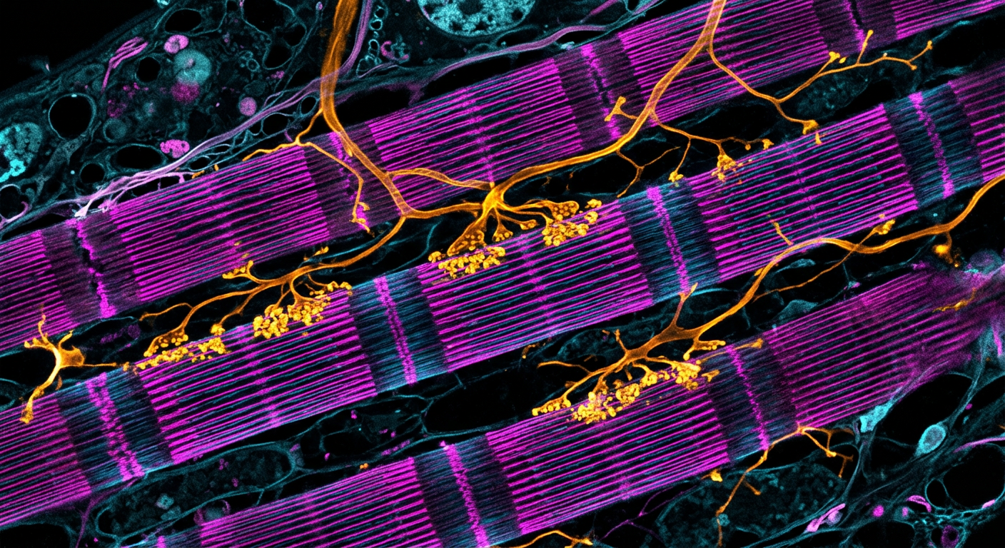 Confocal fluorescence microscopy visualization of skeletal muscle fibers and neuromuscular cellular structures