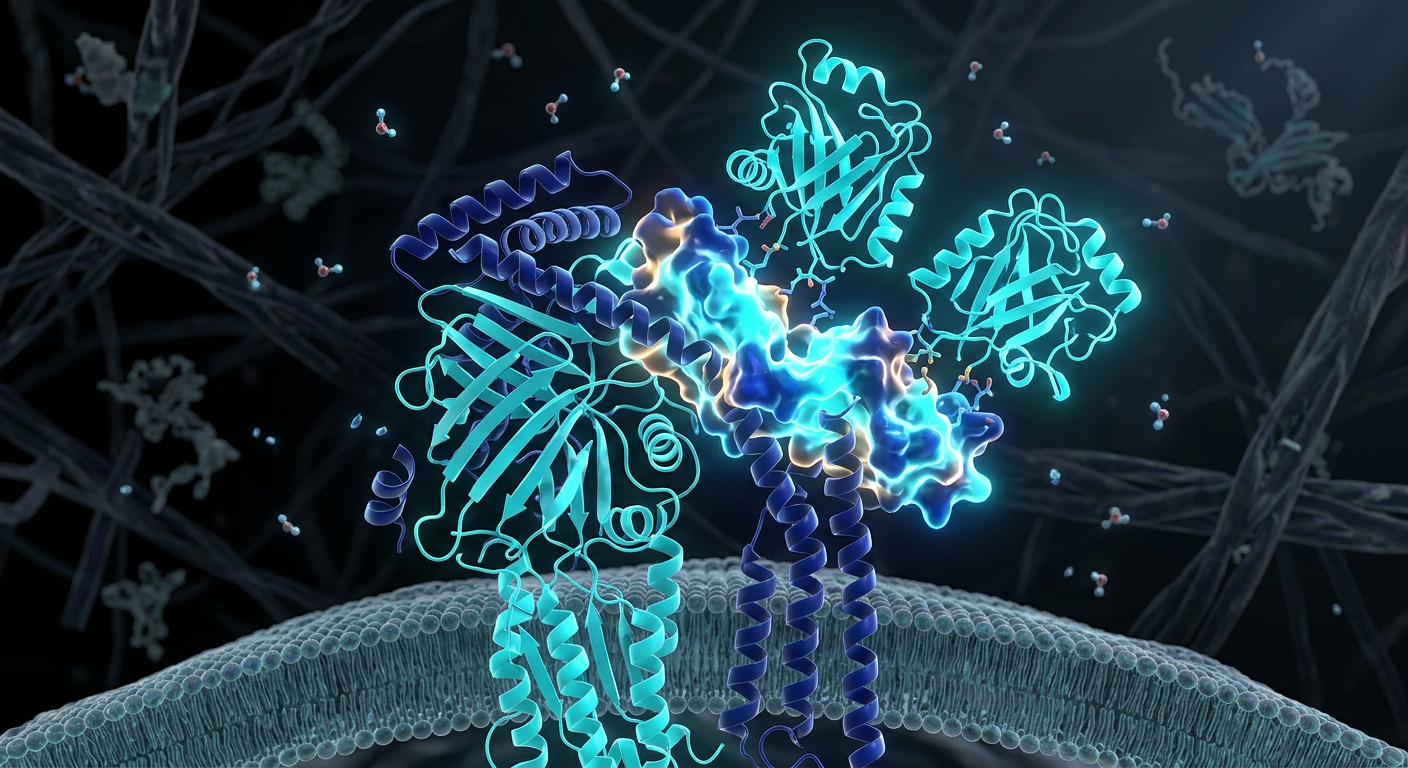 3D scientific illustration of a therapeutic receptor fusion protein binding extracellular cytokines