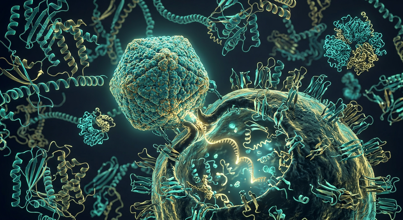 3D scientific visualization of an adeno-associated virus AAV9 capsid and enzyme protein structures in a cellular environment