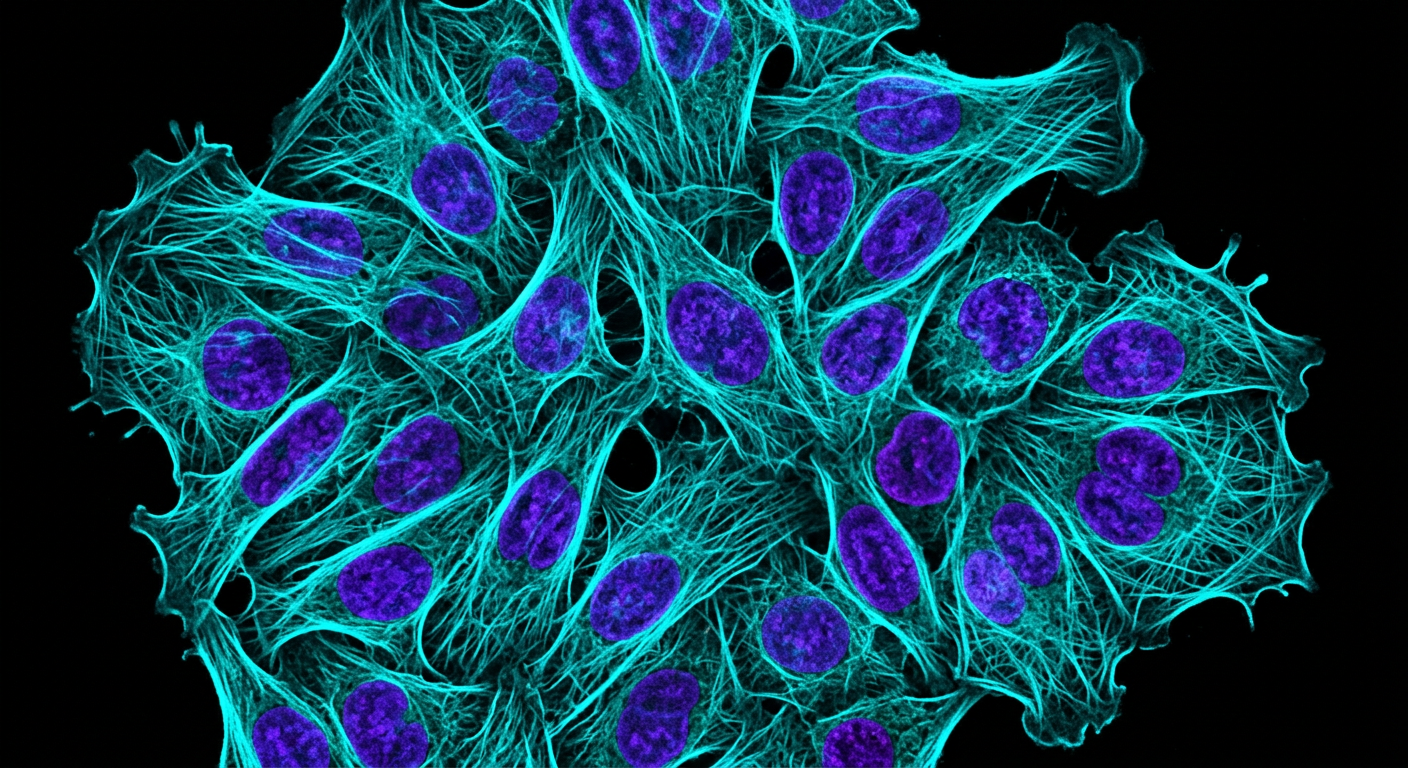 Fluorescence confocal microscopy of human adenocarcinoma cells showing cytoskeletal protein networks in cyan and violet