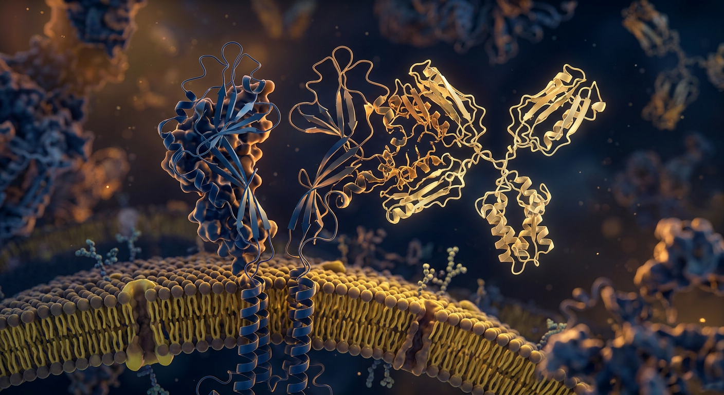 3D molecular rendering of an antibody binding to the extracellular domain of the c-KIT receptor on a cellular membrane
