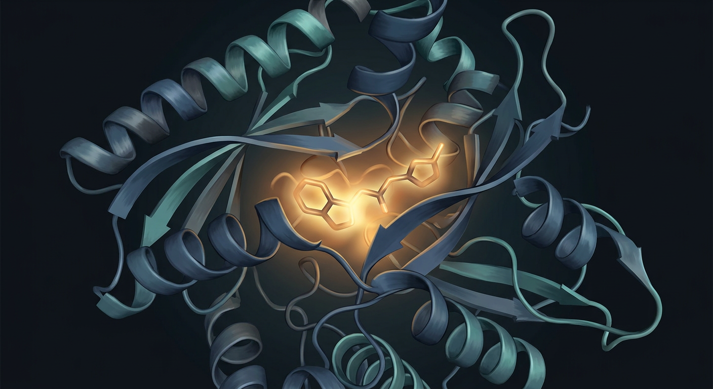 3D abstract protein ribbon visualization of a kinase enzyme binding event