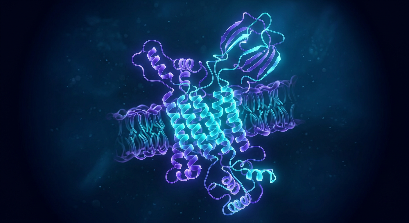 3D molecular ribbon visualization of a transmembrane neuroreceptor protein complex