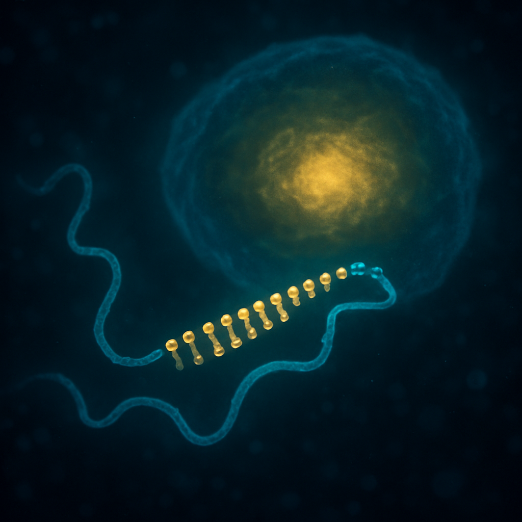 Antisense oligonucleotide binding to viral RNA inside a glowing hepatocyte, abstract molecular render