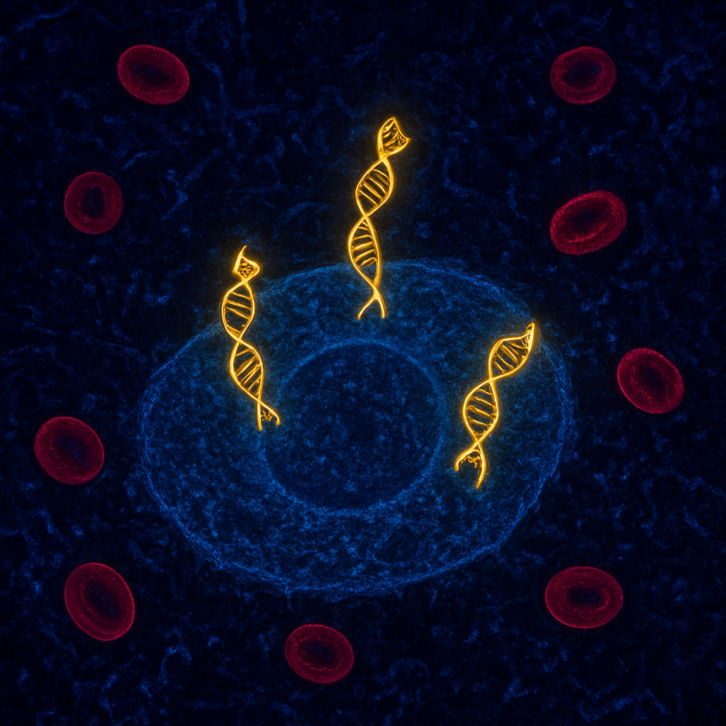 Fluorescence microscopy illustration of RNA interference silencing gene expression inside liver cells