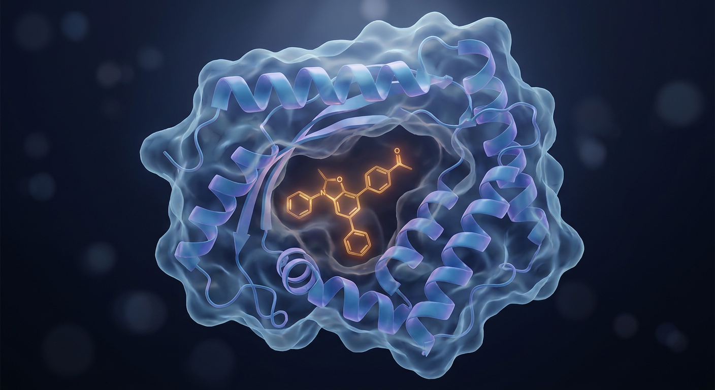 3D molecular visualization of a small-molecule kinase inhibitor docked in the ATP binding pocket of a protein kinase