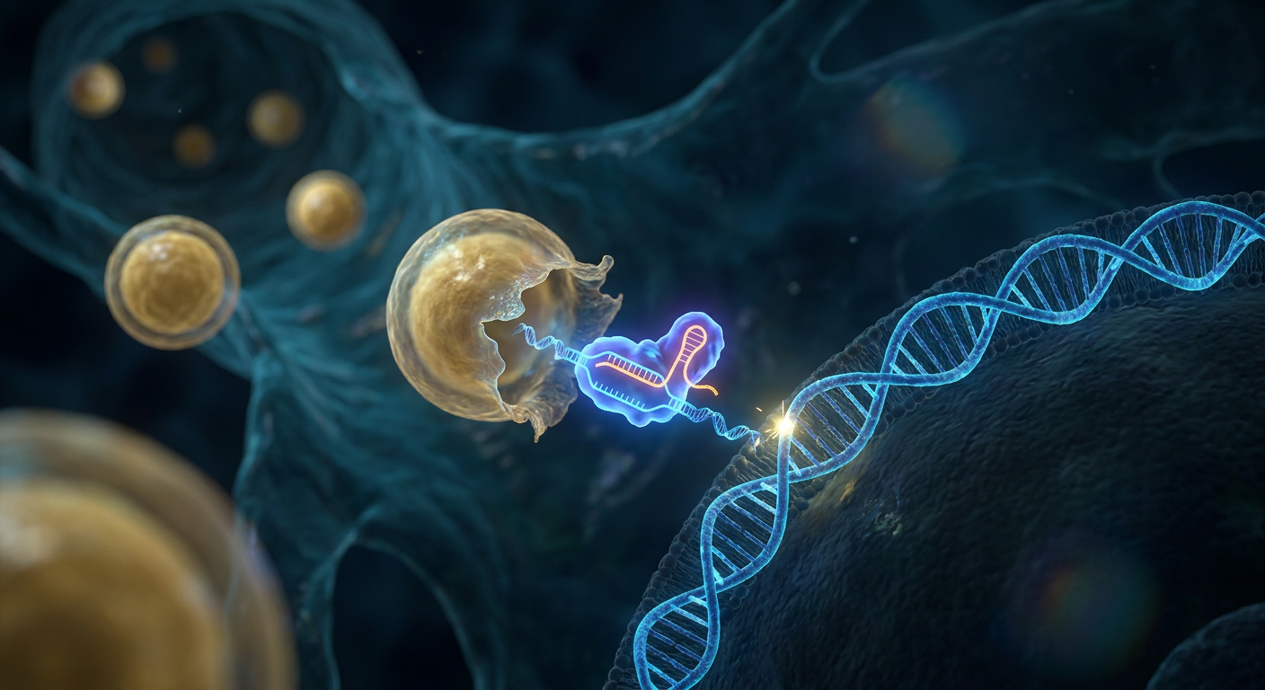 3D render of lipid nanoparticles delivering CRISPR Cas9 machinery to a hepatocyte for in vivo gene editing