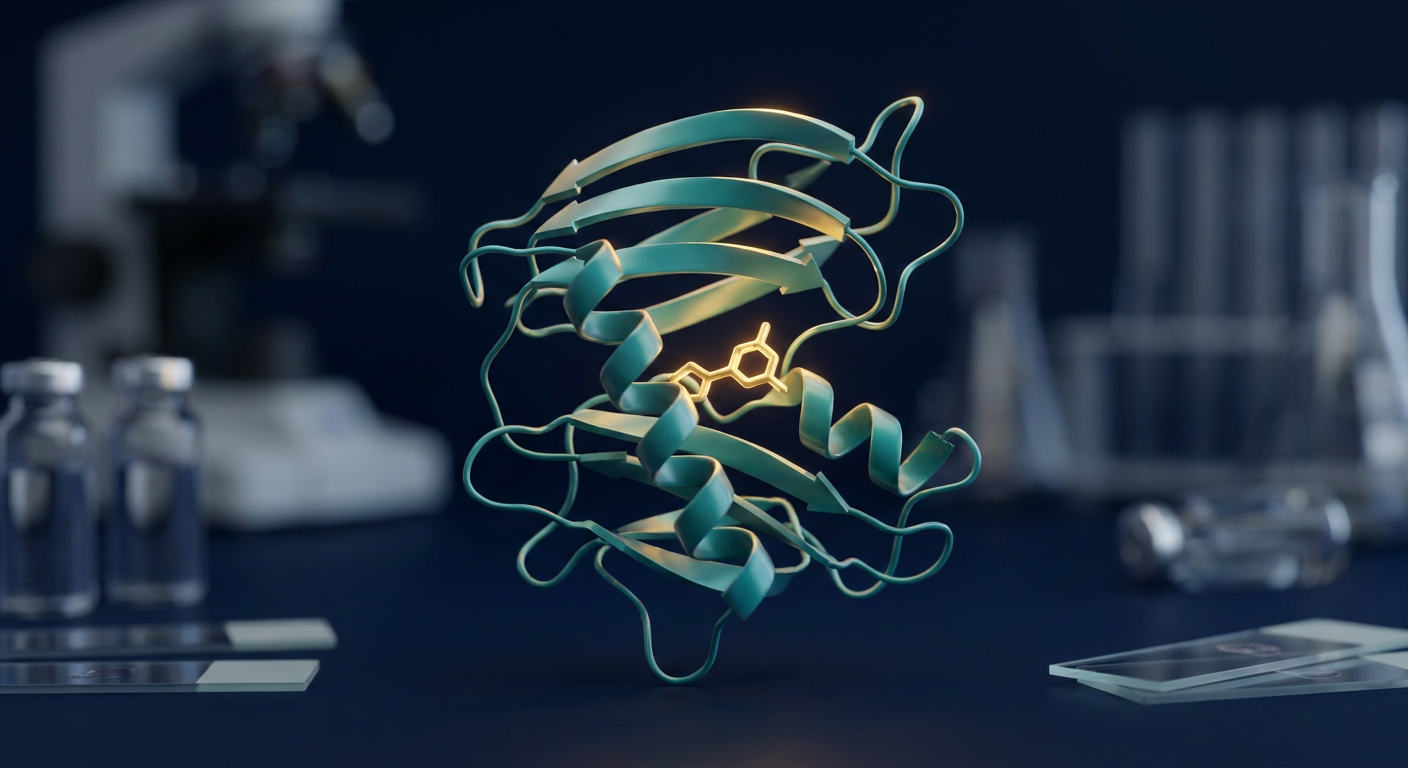 3D rendering of an EGFR kinase protein ribbon structure with a small-molecule inhibitor bound in its pocket