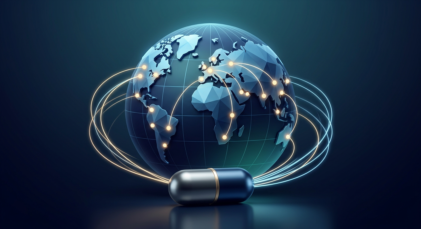 Stylized globe with glowing lines connecting international markets to a single capsule, representing international drug price benchmarking