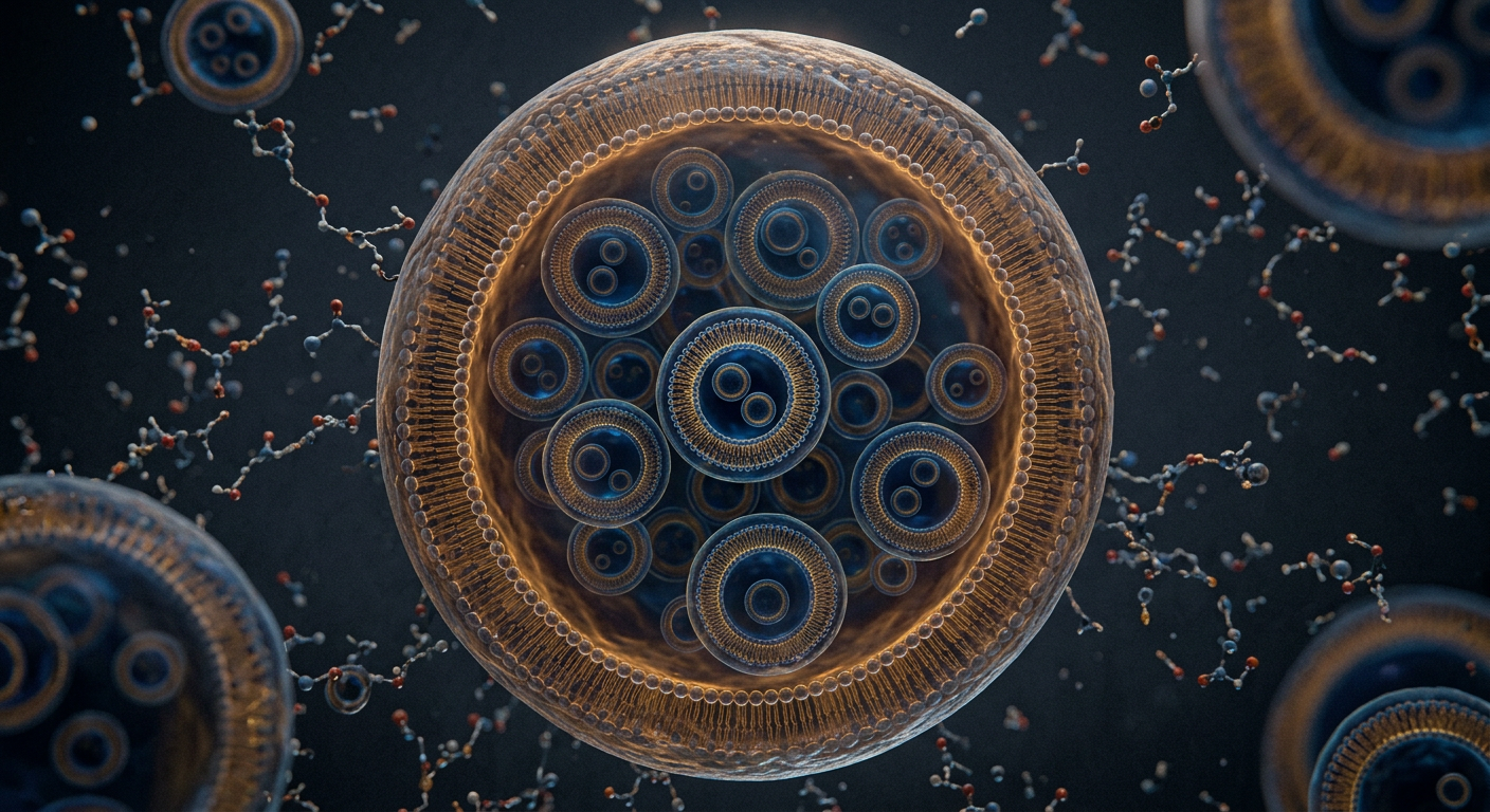 3D rendering of multivesicular liposomes in blue and amber tones
