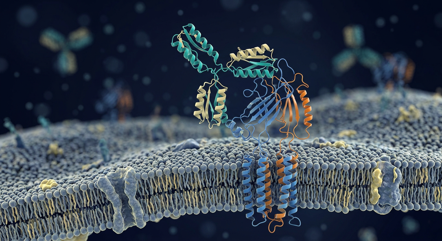 3D render of a monoclonal antibody blocking a PD-1 receptor on a cell surface