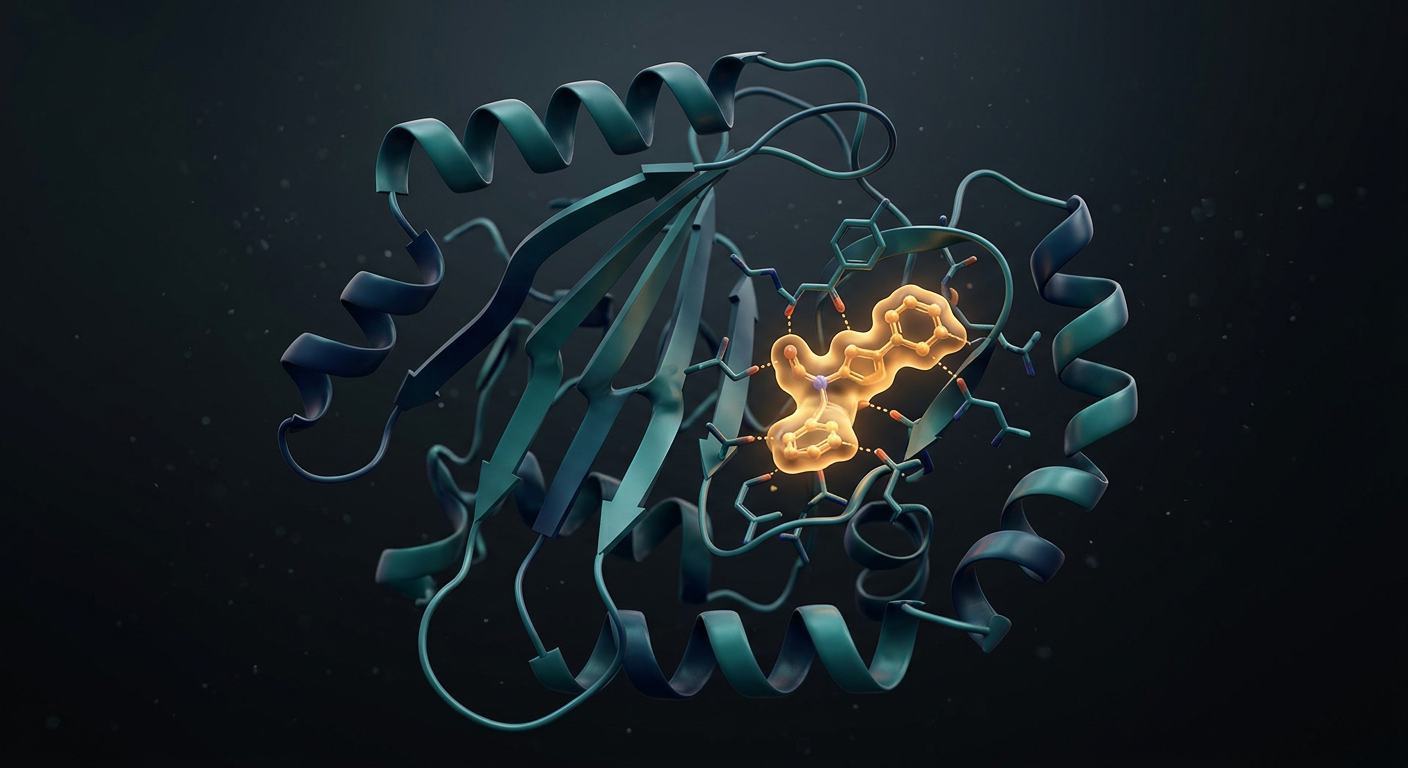 3D molecular rendering of a small-molecule inhibitor bound in the KRAS protein binding pocket, ribbon model, teal and amber, dark background