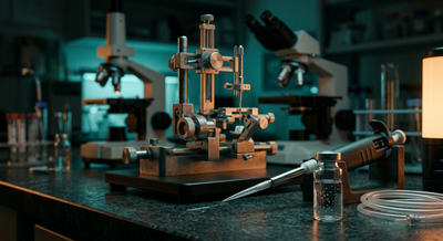 Neuroscience lab bench with glass vial, pipette, and stereotactic research apparatus under teal lighting, no people or text