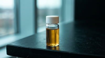 Close-up of an unlabeled amber plasma vial on a dark laboratory bench