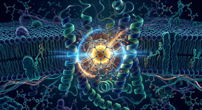 3D scientific visualization of a radioligand therapy molecule docking into a receptor in a cell membrane