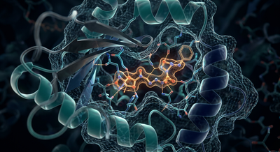 3D molecular visualization of a small-molecule kinase inhibitor docking into the active binding pocket of an oncogenic protein receptor.