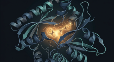 3D abstract protein ribbon visualization of a kinase enzyme binding event