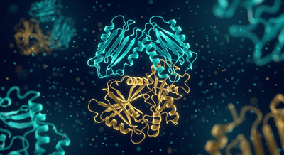 3D visualization of engineered antibody protein ribbon structures interacting with a cellular receptor