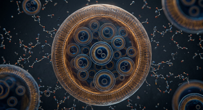 3D rendering of multivesicular liposomes in blue and amber tones