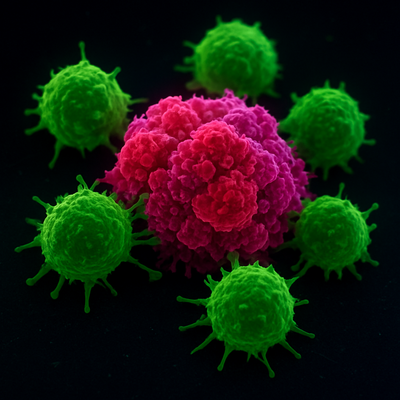 Fluorescence microscopy of cytotoxic T cells engaging colorectal cancer cells, illustrating an immune response against tumor cells