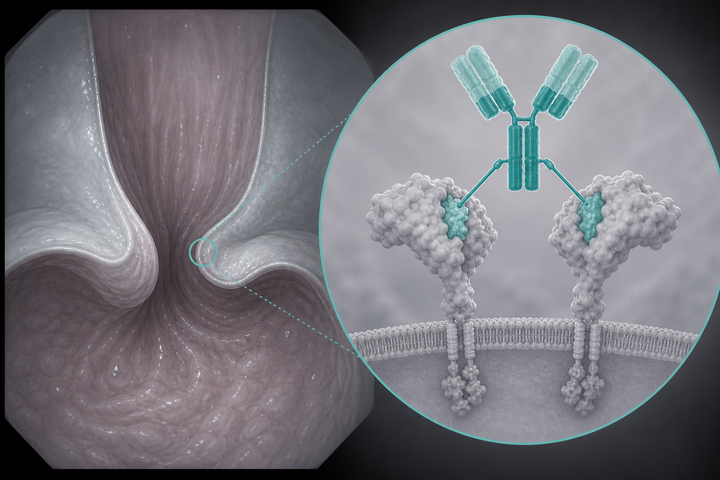 Editorial diagram of a Y-shaped bispecific antibody docking two HER2 epitopes against a muted endoscopic still of the gastroesophageal junction