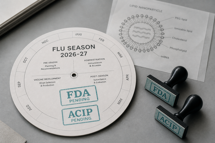 A circular 2026–27 flu-season calendar stamped FDA approved 5 August and ACIP pending, with an mRNA-lipid nanoparticle schematic behind it