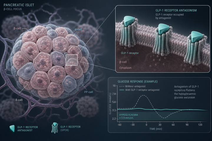 Pancreatic-islet illustration with a GLP-1 receptor occupied by an antagonist wedge and a glucose tracing showing a flattened hypoglycemia spike