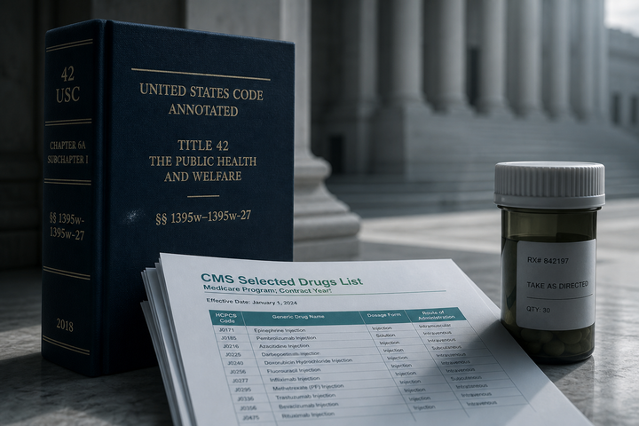 Bound Inflation Reduction Act volume beside a CMS selected-drugs printout and a generic bottle half in shadow, with a courthouse colonnade in shallow background