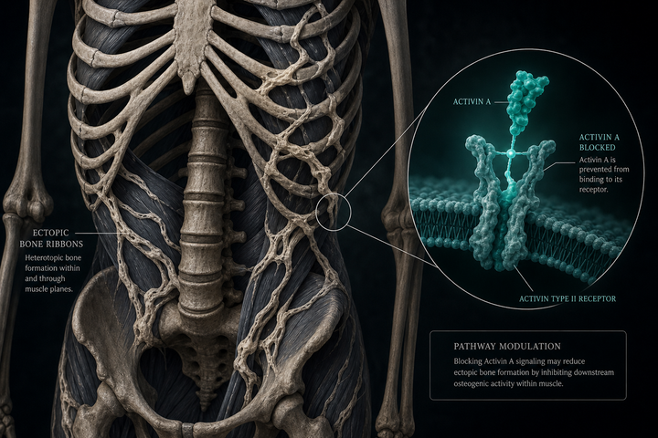 Medical-illustration schematic of a torso with ectopic bone threading through muscle planes and a magnified inset of Activin A blocked at the ACVR1 receptor