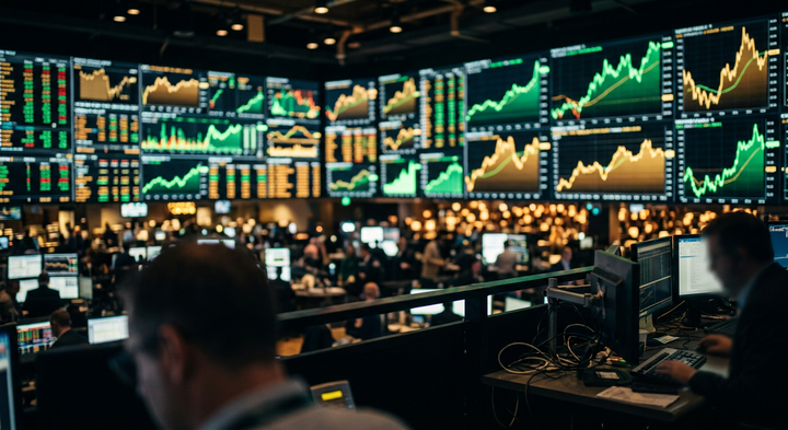 Financial stock market trading floor and healthcare index performance