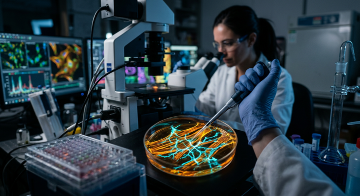 Cellular muscle fiber research and metabolic peptide signaling visualization