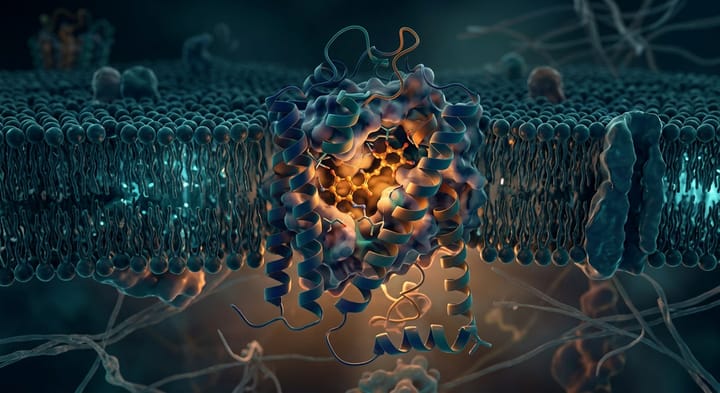 3D scientific visualization of a small-molecule drug binding to the bradykinin B2 receptor on an endothelial cell membrane.