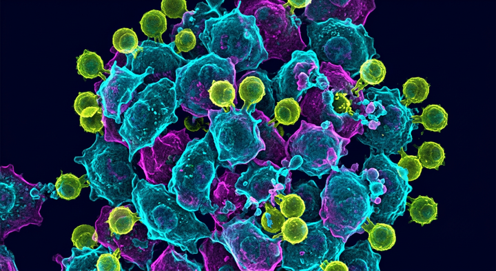 Fluorescence microscopy illustration of cytotoxic T cells attacking HPV16-positive tumor cells during mRNA cancer immunotherapy