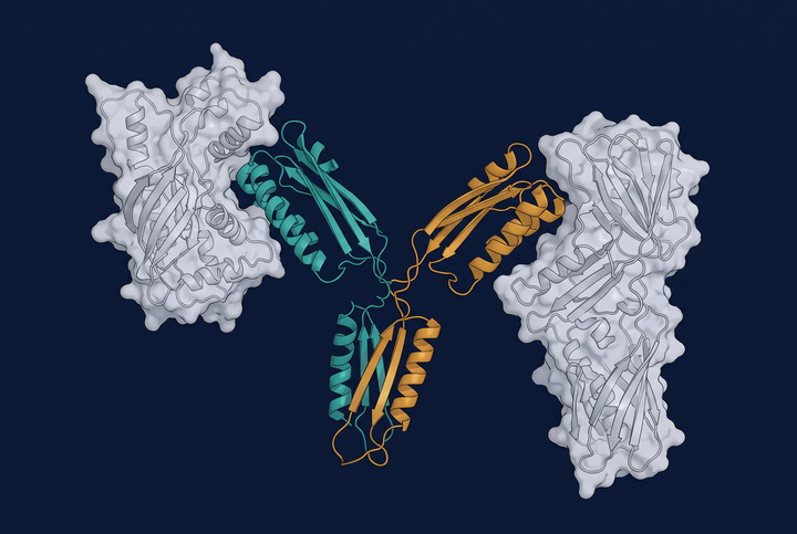 Ribbon-structure rendering of a bispecific antibody with two differently colored antigen-binding arms.