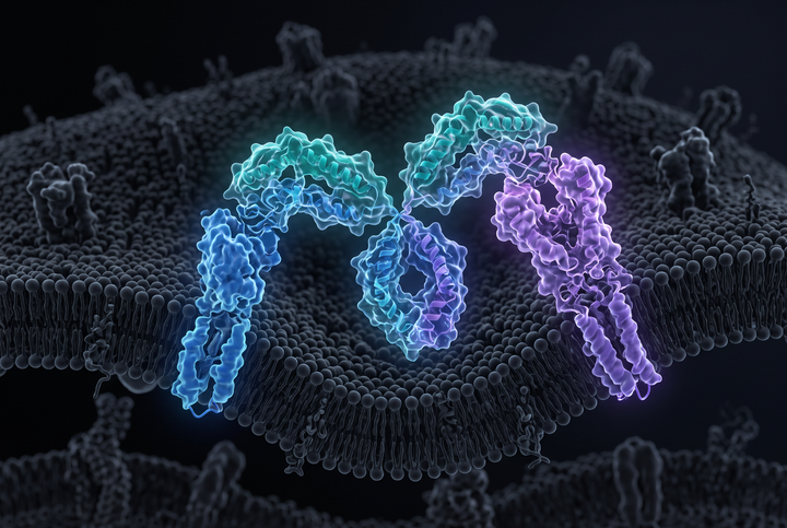 3D molecular rendering of a bispecific antibody binding two distinct receptors simultaneously